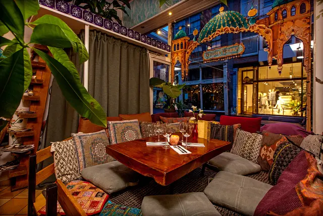 Warm interior of Golden Temple vegan restaurant Amsterdam